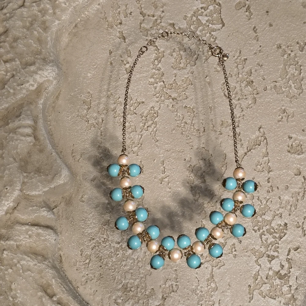 J Crew Faux Turquoise & Pearl Bib Necklace Gold-tone Chain